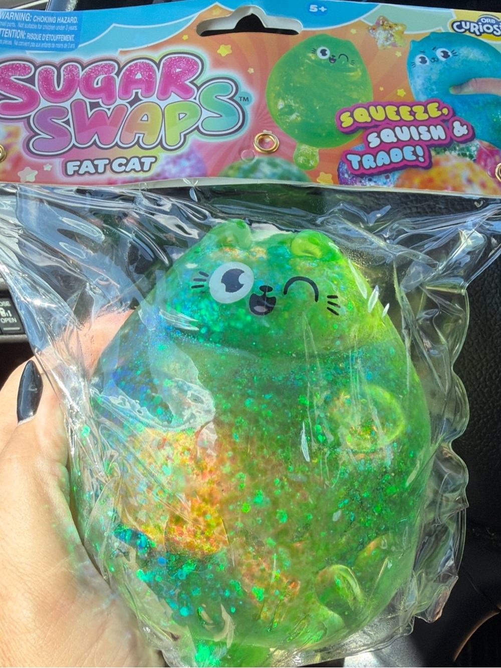 Brand New ORB Sugar Swaps Fat Cat Green Glitter Squishy Fidget Toy
